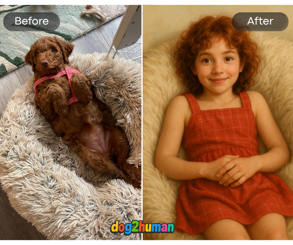 Before and after example of a dog transformed into a human girl using the Dog to Human AI app, showing a brown puppy and a red-haired girl.